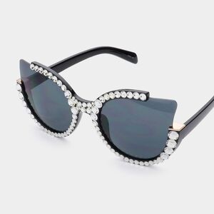 Black Clear Crystal Cat Eye Bling Sun Glasses Studded Shades Rhinestone